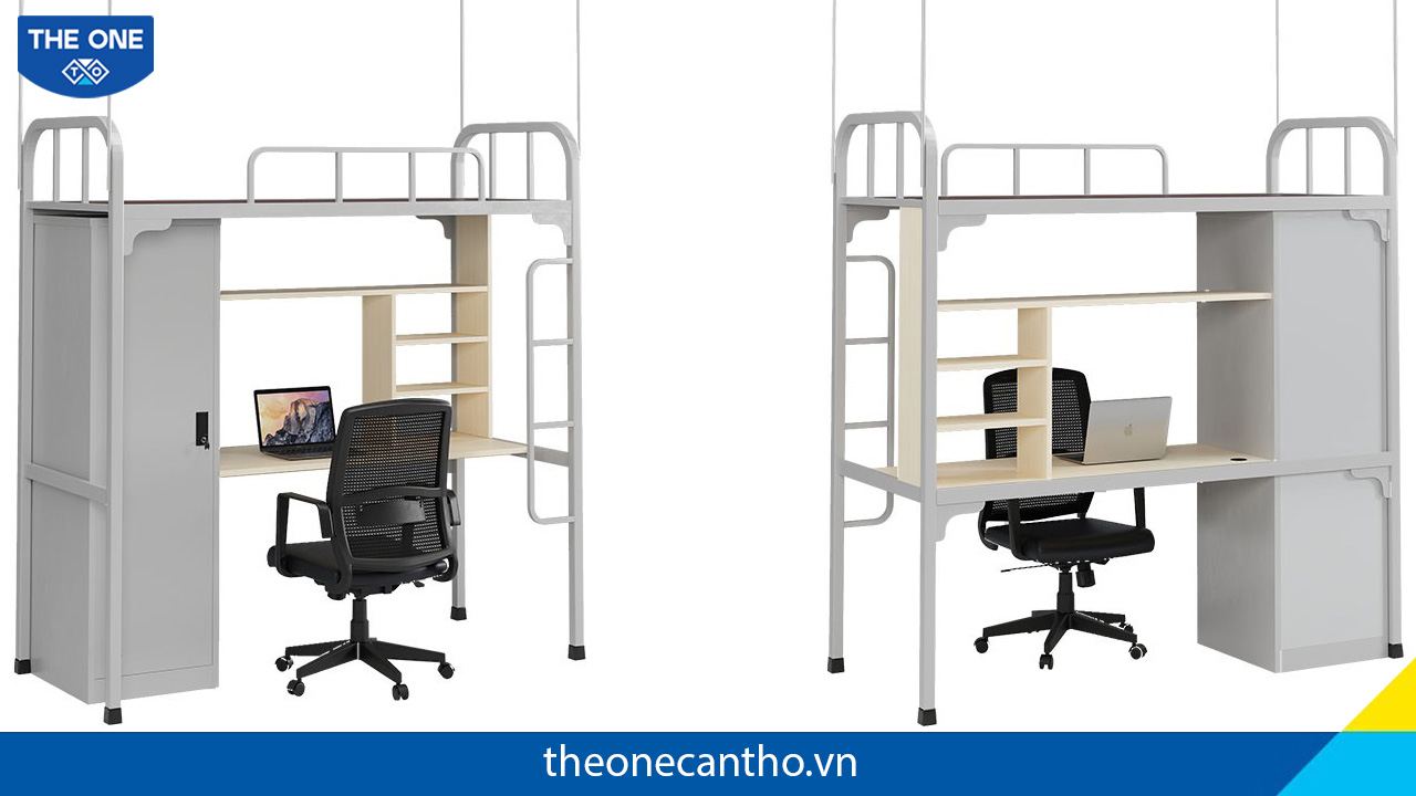 Giường tầng sắt có tủ áo và bàn học